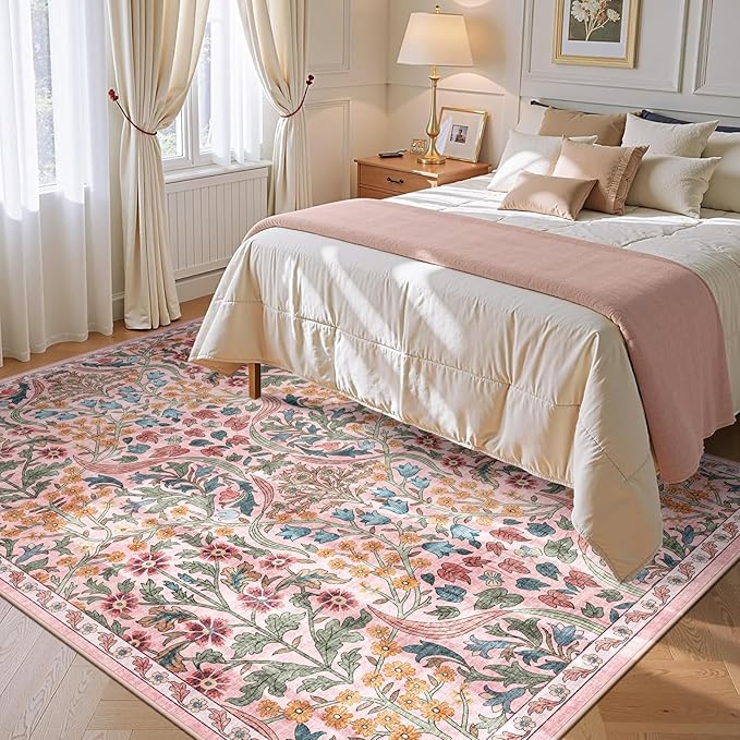 5x7 Washable Area Rug for Living Room, Floral Non-Slip Non-Shedding & Easy Care, Soft Low Pile Forest Boho Indoor Floor Carpet for Living Room, Bedroom, Farmhouse, Dining Room, Kids Playroom, Pink