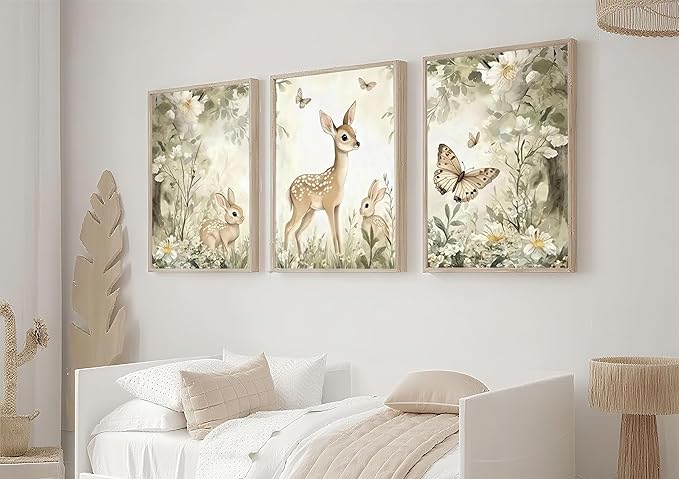 3Pcs Woodland Animal Nursery Canvas Wall Art Cute Forest Animal Wall Decor Pictures Deer and Butterfly Wildflowers Posters Prints for Nursery Bedroom Kids Room Home Decoration Unframed Posters 12X16in