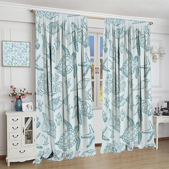 Turtle Starfish Curtains,Coral Starfish Seashell Beach Sea Seashell Theme Pattern Blackout Print Home Bedroom Living Room Window Treatmen 2 Panel Set 84x84 Inch