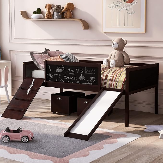Play Fun Design Twin Size Loft Bed with Slide and Rope Climbing Ladder for Kids Boys Girls, Solid Wood Loft Bed Frame with 2 Storage Boxes and Double-sided Chalkboard, Sturdy Slat Support (Espresso-2)