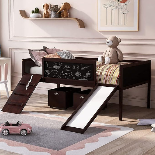 Play Fun Design Twin Size Loft Bed with Slide and Rope Climbing Ladder for Kids Boys Girls, Solid Wood Loft Bed Frame with 2 Storage Boxes and Double-sided Chalkboard, Sturdy Slat Support (Espresso-2)
