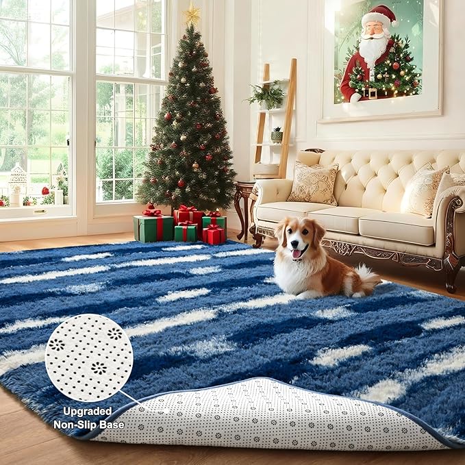 4x6 Feet Area Rugs for Living Room Bedroom,Blue and White Machine Washable Soft Fluffy Shaggy Indoor Rug, Floor Carpet for Girls Boys Kids, Dorms, Nursery Rooms, Home Decor Aesthetic