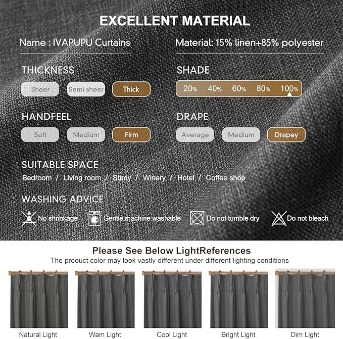 IVAPUPU Linen Pinch Pleated 100% Blackout Curtains for Bedroom - 2 Pages Black Out Grey Curtains 84 Inch Long 2 Panel for Living Room Darkening Thermal Window Curtain Drapes with 16pc Hooks