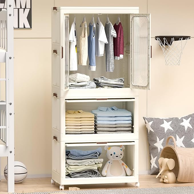 Portable Wardrobe Closet with Drawers, Magnetic Doors, 4 Cubes & Hanging Rod, 10 Hangers, Large Foldable Armoire for Clothes Storage, Wardrobe Storage Cabinet for Families, Baby, Easy Assembly
