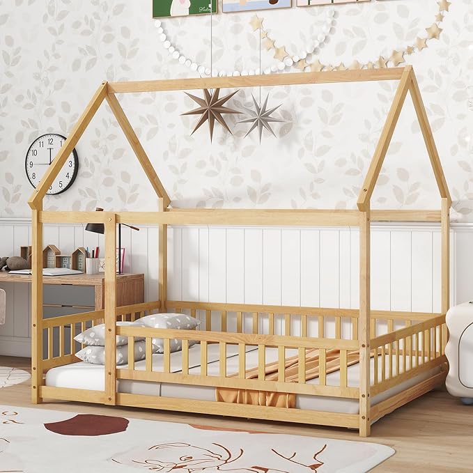 Ball & Cast Full Size Floor Bed,Montessori Bed with Roof & Safety Guardrails Design,Wooden Toddler House Bed Frame W/Open Door,for Girls Boys,Natural