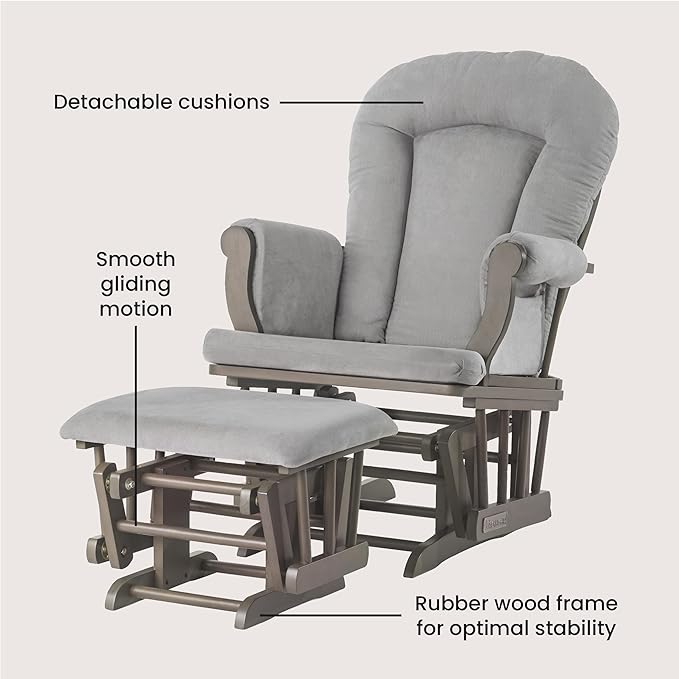 Child Craft Cozy Glider Rocker and Ottoman Set, Padded Cushion with Convenient Storage Pockets, Solid Wood Base & Frame (Dapper Gray with Light Gray Cushion)