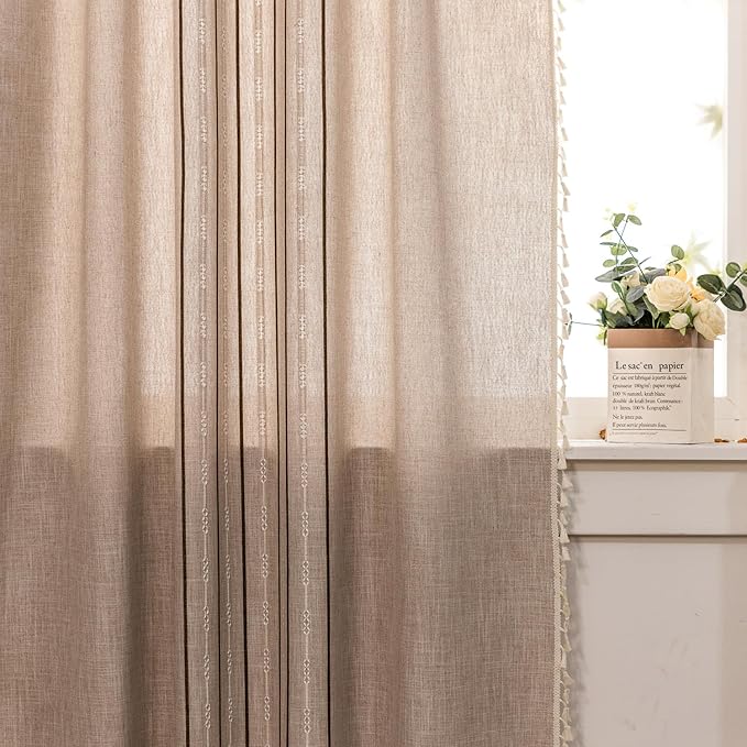 Deeprove Boho Style Curtains 84 inches Long, Vintage Bohemian Embroidery Striped Farmhouse Cotton Linen Fringe Window Treatments Bedroom Living Room Nursery, W52 x L84, 1 Panel Khaki and Brown