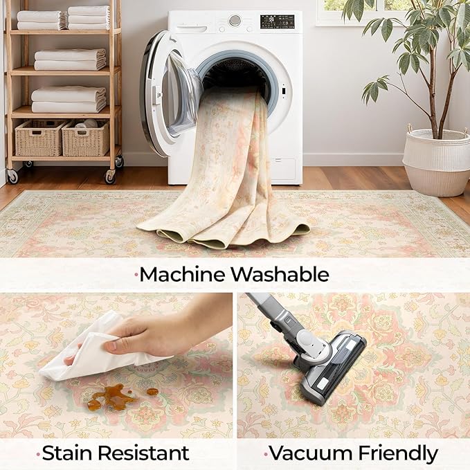 Machine Washable Rugs Nursery Rug 3x5 Cute Girl Non Slip Low Pile Water Repellent Soft Print Pattern for Bedroom Indoor Decor Kids Playroom Pinkgreen