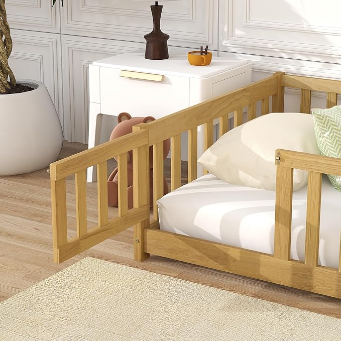 Bellemave Twin Size Floor Bed Frame with Fence and Door for Kids, Montessori Floor Bed with Slats and Safety Guardrails,Solid Wood Twin Bed Frame for Girls Boys,Natural