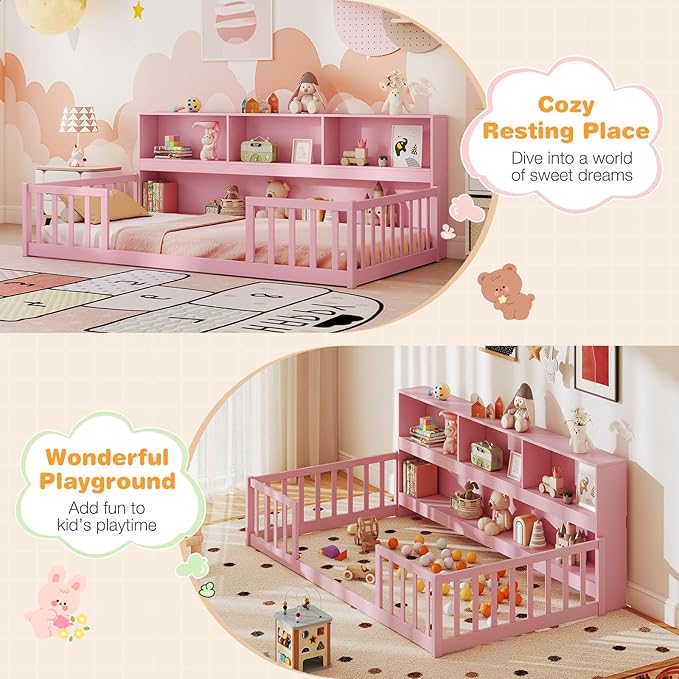 Giantex Twin Floor Bed for Kids, Wooden Montessori Bed Frame with Bookcase, Storage Shelves & Safety Fence Rails, Floor Beds Twin for Girls, Boys, No Box Spring Needed, Without Slats, Pink