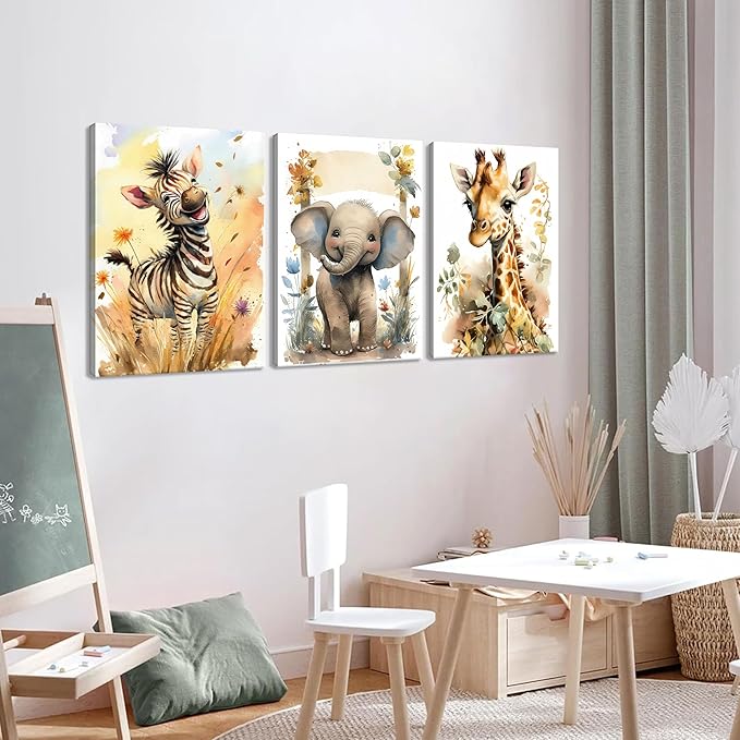 Woodland Animal Wall Art Set of 3, Wild Animals Nursery Picture Wall Decor Canvas, Cute Giraffe Elephant Zebra Watercolor Poster Print Artwork for Boys Girls Room Decoration – 12x16 inch