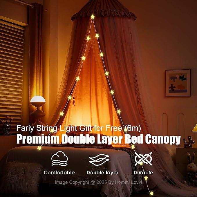 Double Layers Bed Canopy with Star Lights, 3 Pieces Layers Canopy for Girls Bed, Princess Round Dome Dreamy Play Tent, Hanging Kids Reading Nook Mosquito Net, Machine Washable - Pink