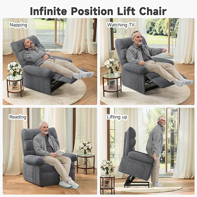Power Recliner Chair for Elderly, Lift Chairs Triple Motor with Infinite Position, Seniors Electric Stand Assist, Single Sofa with Side Pockets for Living Room, Grey