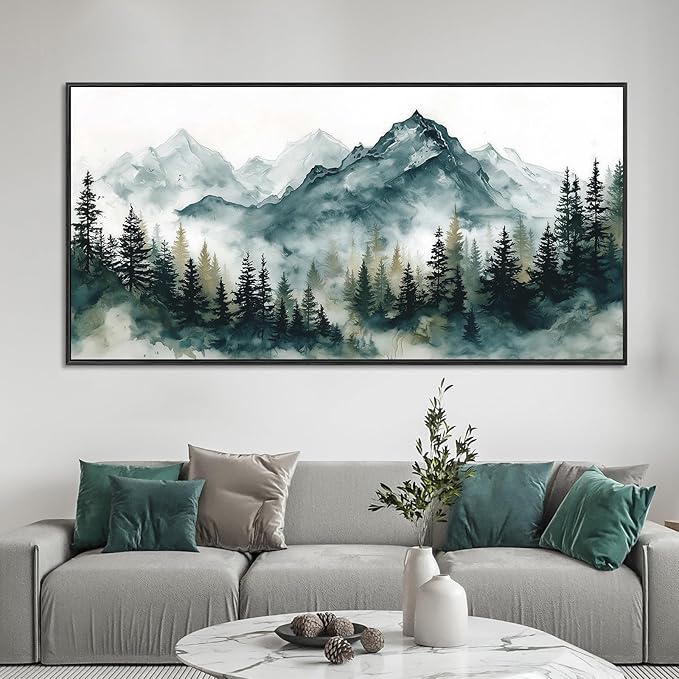Large Framed Foggy Mountain Wall Art for Living Room, Watercolor Forest Landscape Canvas Paintings Artwork Green Nature Prints Art Rustic Wall Decor Modern Misty Pine Trees Pictures for Office 20"x40"