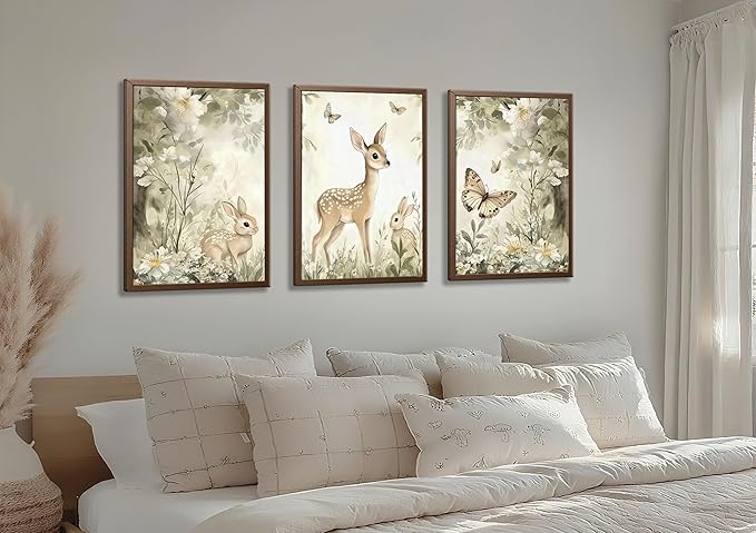 3Pcs Woodland Animal Nursery Canvas Wall Art Cute Forest Animal Wall Decor Pictures Deer and Butterfly Wildflowers Posters Prints for Nursery Bedroom Kids Room Home Decoration Unframed Posters 12X16in