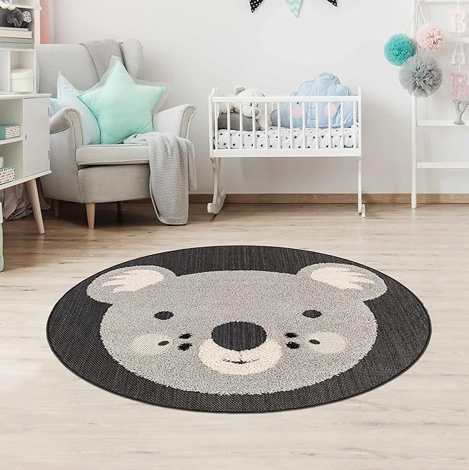 Hauteloom Kids Room, Nursery Round Area Rug - Outdoor Patio Safe - Animal Koala Playroom Carpet - Gray, Black, Cream - 3'11"