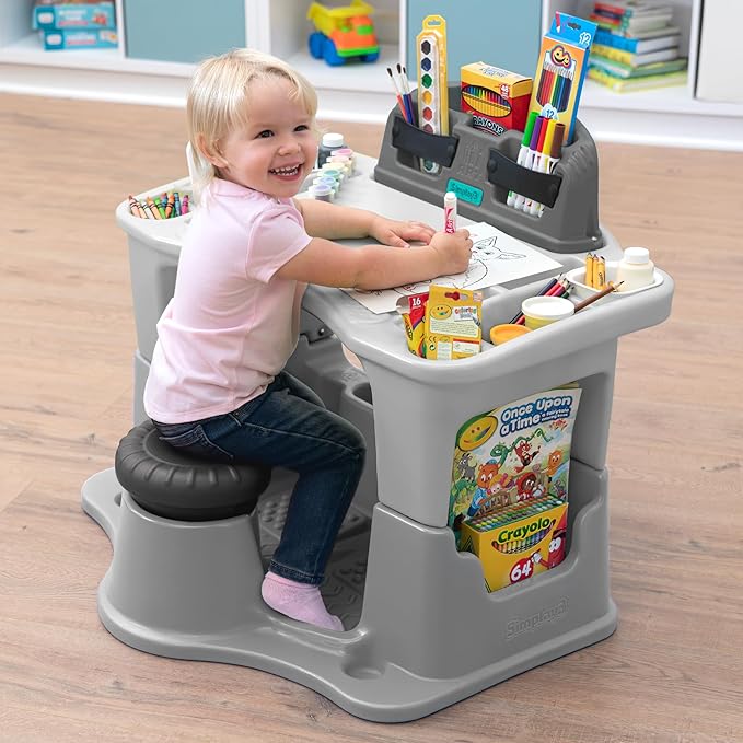 Simplay3 Creative Kids Art Desk Table and Chair Set with Attached Desk Chair, Full Floor and Art Storage
