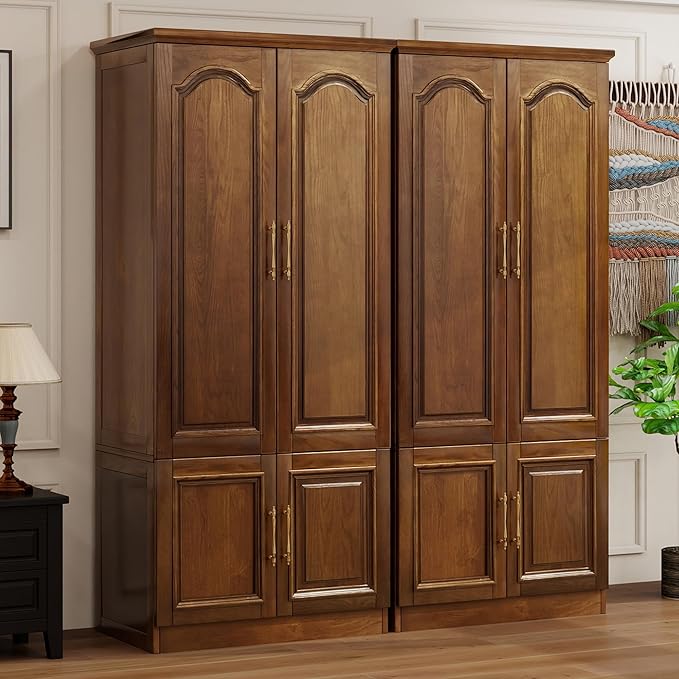 Solid Wood Wardrobe Closet:TemkTuek 70.87" Armoire,Clothing Storage Cabinet with 4 Doors,Shelves and Hanging Rails,Vintage Freestanding,Bedroom,Wood Grain Color(22-22)