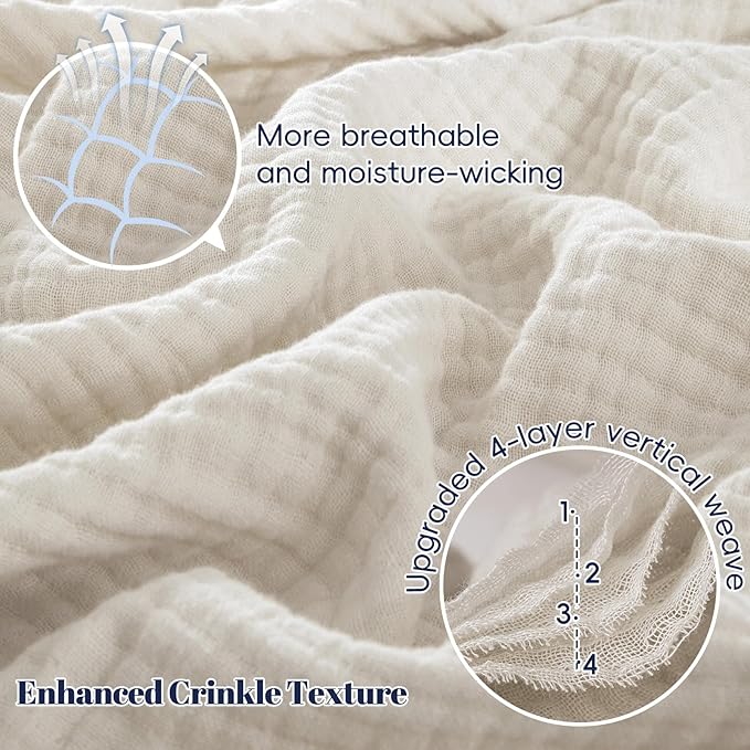 PHF 100% Cotton Muslin Blanket Queen Size 90"x90", 4-Layer Lightweight Gauze Throw, Breathable Cloud-Soft Minimalist Blanket for Bed, Couch, Camping & Baby, Oat Milk, Ideal Gift