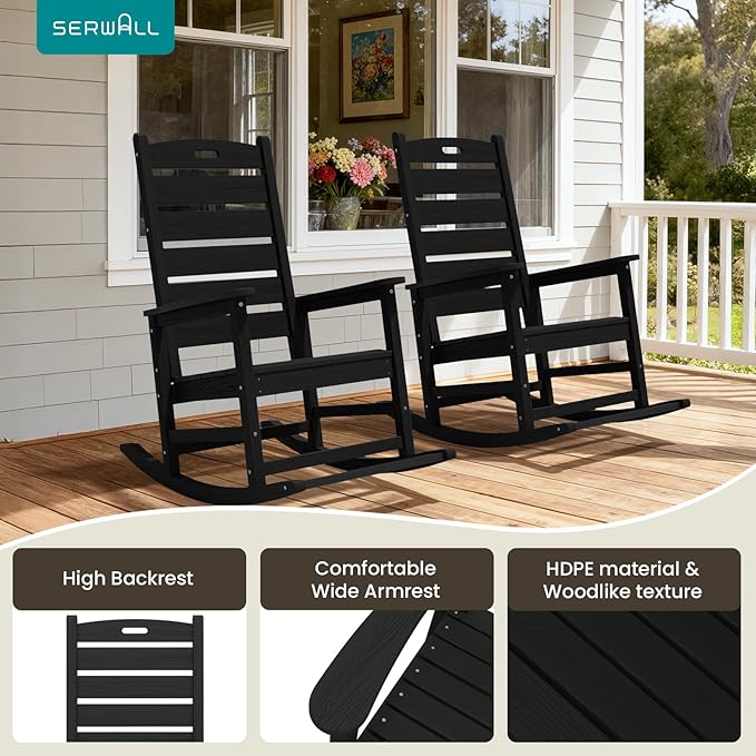 SERWALL Oversized Outdoor Rocking Chair, HDPE Patio Rocking Chair with Footboard for Adults, All Weather Porch Rocker for Deck Patio Balcony, Black