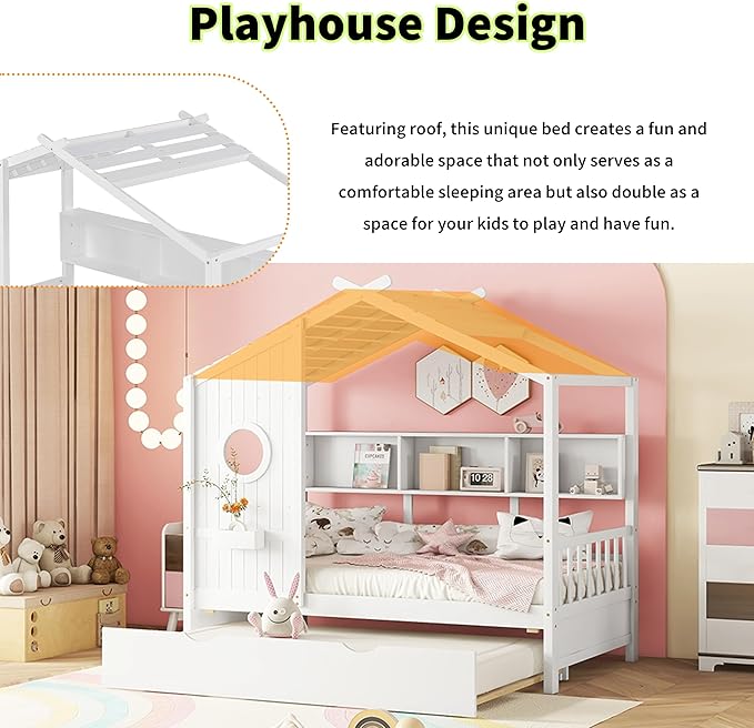 Linique Wooden Twin Size House Bed with Trundle and Storage Shelf,Modern Design Twin Platform Bed Frame with Pitched Roof,White