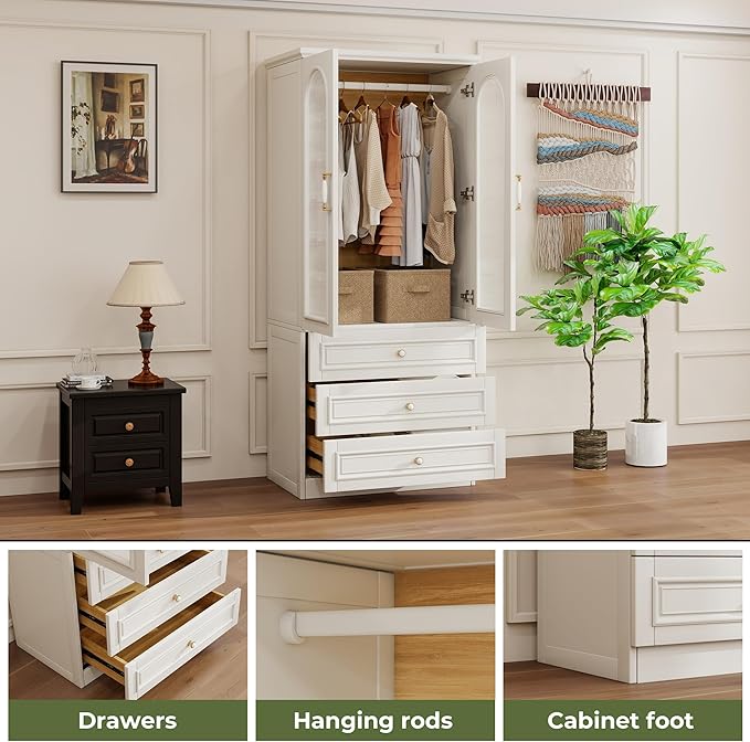 Solid Wood Wardrobe Closet:TemkTuek 70.87" Armoire,Clothing Storage Cabinet with Drawers,Doors,Hanging Railsand Shelves,Vintage Freestanding,Bedroom,White(19)