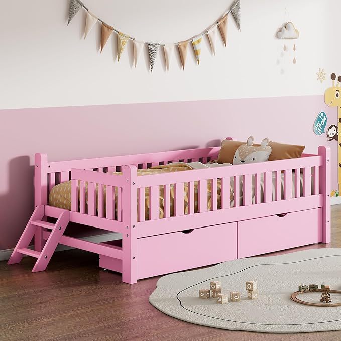 LUMISOL Twin Size Bed Frame with Drawers, Wood Twin Size Platform Bed with Guardrail and Slide Ladder, Twin Bed Frames for Girls Boys Teens, Pink Twin Bed Frame