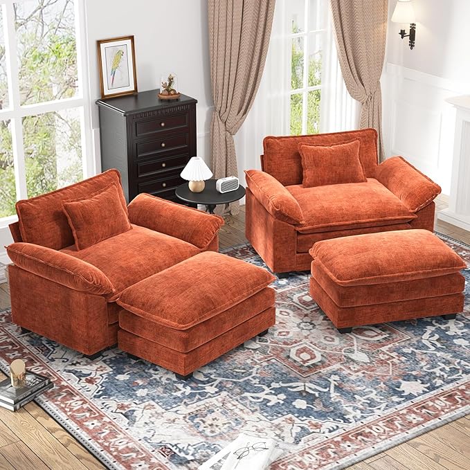 CDCASA Oversized Accent Chair with Ottoman, Chenille Comfy Cloud Sofa Chair with Large Seat and Upholstered Armrests, Modern Extra Wide Armchair for Bedroom, Living Room,Set of 2,Terracotta Orange