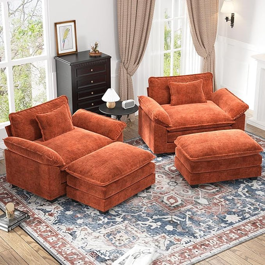 CDCASA Oversized Accent Chair with Ottoman, Chenille Comfy Cloud Sofa Chair with Large Seat and Upholstered Armrests, Modern Extra Wide Armchair for Bedroom, Living Room,Set of 2,Terracotta Orange