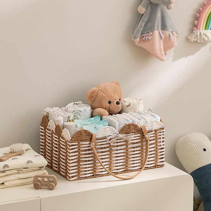HBlife Baby Diaper Caddy, Paper Rope Storage Baskets Nursery Bin with Removable Divider, Portable Car Organizer for Diapers, Baby Shower Gifts, Newborn Essentials Must Haves