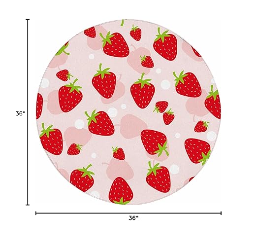 3Ft Round Strawberry Rug Kwaii Pink Circle Rugs for Bedroom Dorm Living Room Cute Area Rug Floor Mat Pad Doormat Carpet, 3'X3'(90x90cm)