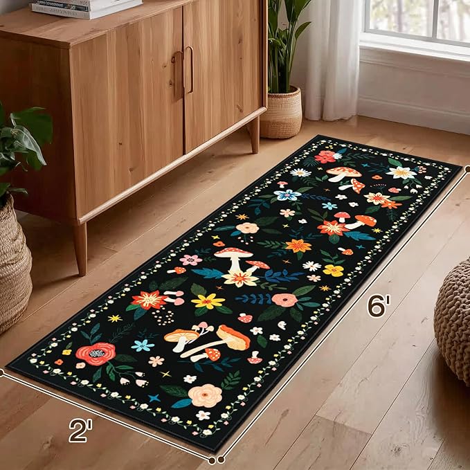 2x6 Machine Washable Kitchen Runner Rug, Non-Slip Vintage Floral Hallway Rug, Low Pile Carpet Runners for Laundry Room, Entryway, Bedroom & Kitchen(2x6 Black Mushroom)