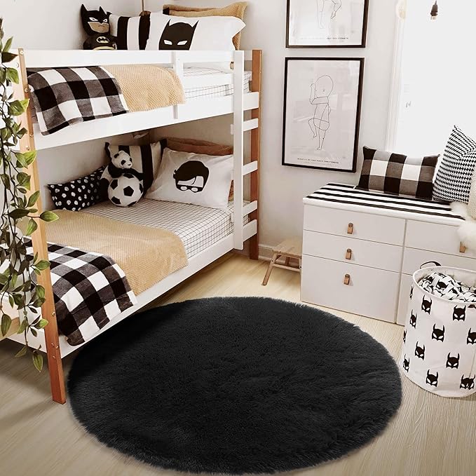 Black Round Rug 6Ft for Bedroom Aesthetic, Fluffy Plush Circle Area Rugs for Living Room, Large Big Fuzzy Modern Cool Carpet for Baby Kids Teen Boys Mens, Office Playroom Nursery Apartment Home Decor