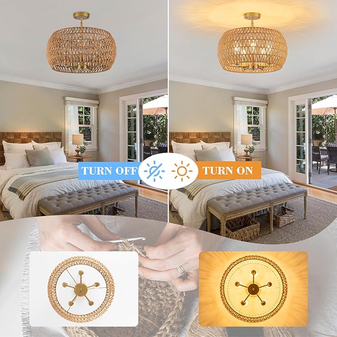 Rattan Ceiling Light Fixture, 5-Light Boho Semi Flush Mount Ceiling Light, 20" Wicker Light Fixture with Handmade Woven Cage Lampshade, Rattan Chandelier for Bedroom Hallway Nursery Kitchen Farmhouse