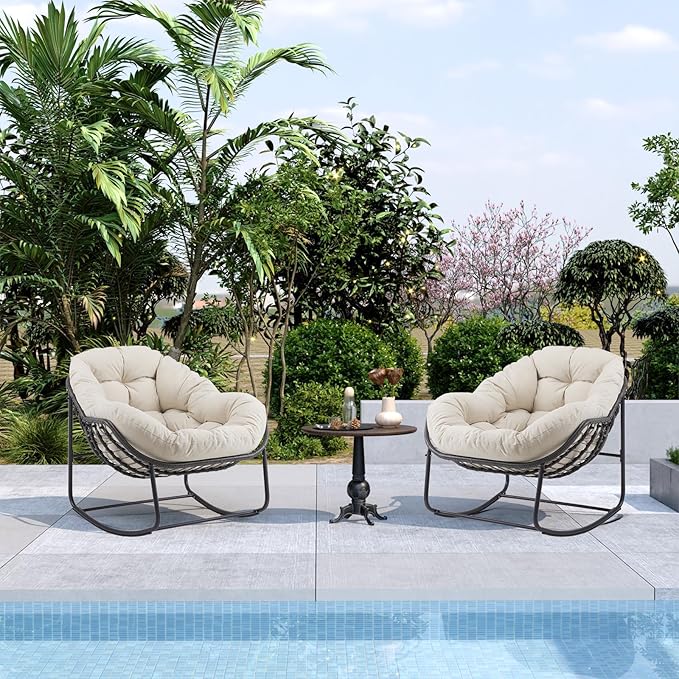 Oversized Outdoor Papasan Rocking Chair with Soft Cushion, Comfy Patio Egg Chair, Wicker Lounge Rocker for Balcony/Porch/Garden, Reinforced All Weather Rattan Frame, 330 lbs Support, Beige