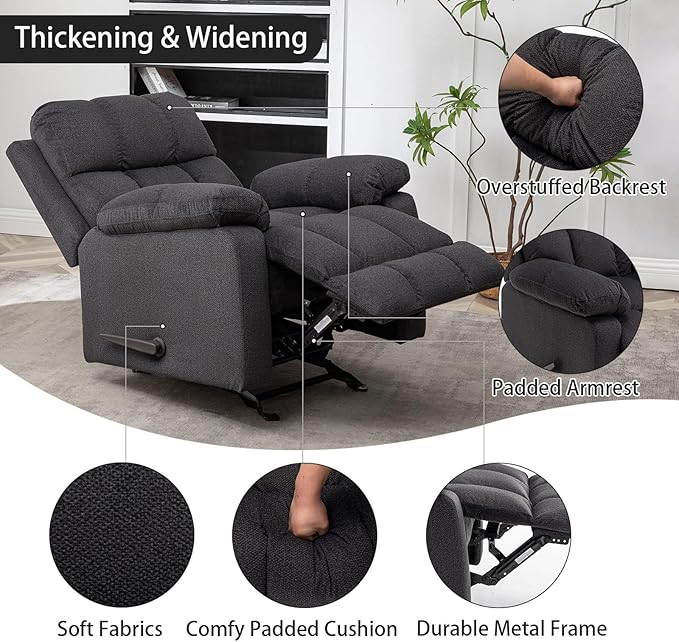 HOMEFLEX Modern Rocker Recliner Chair for Adults, Overstuffed Rocking Chairs for Nursery, Manual Swivel Recliners Armchair, Upholstered Fabric Rocker Sofa for Living Room, Bedroom (Black)