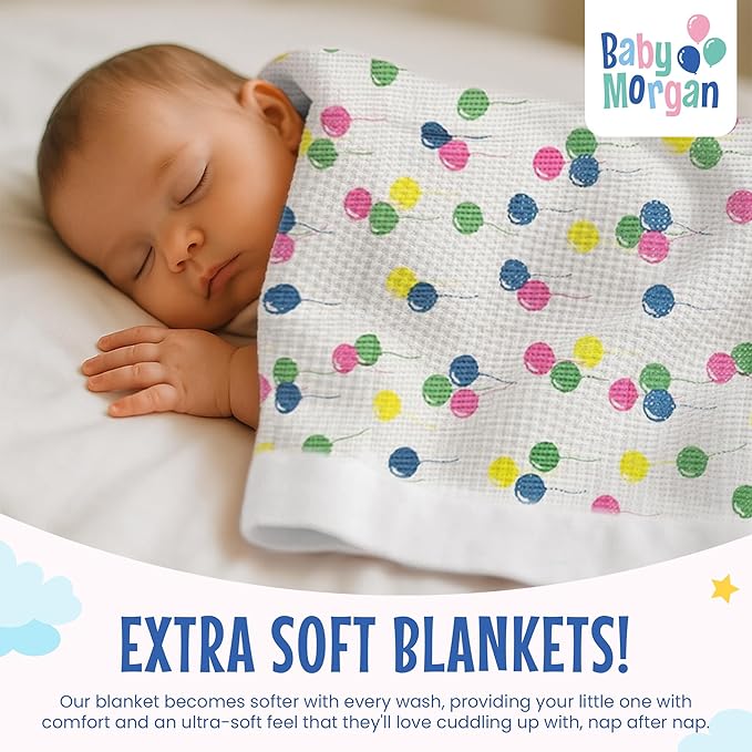 Blankets Thermal Waffle Baby Blanket Crib Bedding - Soft Cozy Warm Infant Thermal Cover for Nursery Stroller or Bassinet, Lightweight Ideal Shower Gift Satin Trim Balloon Pattern 36" x 50"