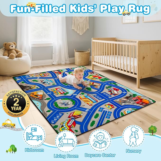 Road Car Rug, 5x7 Ft City Road Rug for Kids, Extra Thick (0.4in) Kids Play Rug Mat and Car Carpet with Realistic Colors - Perfect for Children, Soft and Non-Slip for Playroom and Bedroom