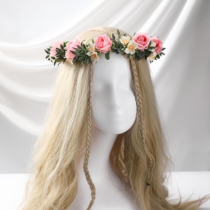 Pink Flower Crown Headband - Rose Floral Headpiece Adjustable Fairy Flower Crown for Women Girls Renaissance Birthday Wedding Party Photo Props