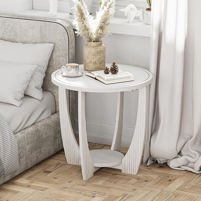 COZAYH Rustic Farmhouse end Table with Storage Shelf, French Country Accent Side Table for Family, Dinning or Living Room, Small Spaces, Modern, Round, White