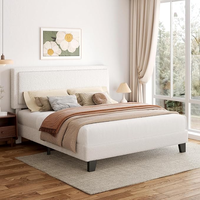King Size Bed Frame, Upholstered Platform Bed with Adjustable Headboard, Soft Boucle Fabric, Modern Style, No Box Spring Required, Easy Assembly, Off-White