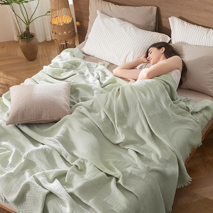 MooMee Muslin Blanket - 100% Cotton 4-Layer Gauze Throw Blanket with Tassels Ultra-Soft Breathable Lightweight Cooling for Bed Couch (Sage Green, Queen 90" x 90")