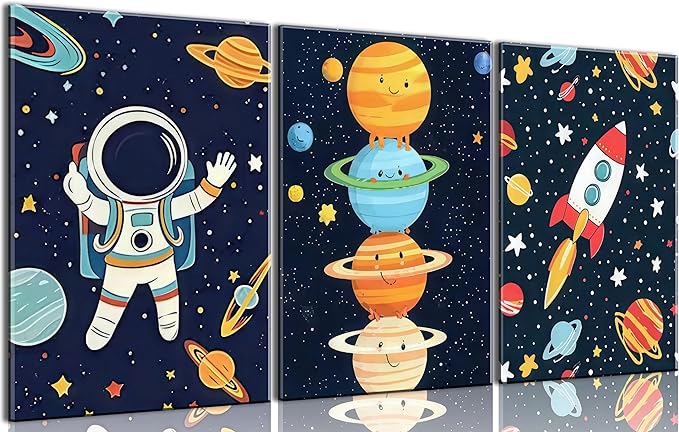 3Pcs Space Nursery Canvas Wall Art Whimsical Outer Space Astronauts Kid Decor Pictures Rocket Planet Posters Prints for Boys Room Girls Room Kids Room Decoration