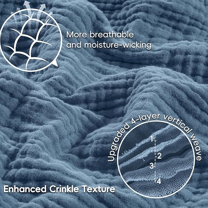PHF 100% Cotton Muslin Throw Blanket 50" x 60", 4-Layer Lightweight Gauze Throw, Breathable Cloud-Soft Minimalist Blanket for Bed, Couch, Camping & Baby, Denim Blue, Ideal Gift