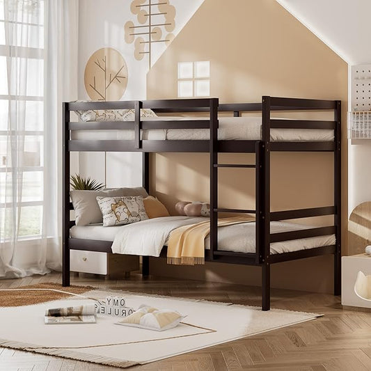 KOMFOTT Wood Bunk Bed Twin Over Twin, Bunk Bed with Ladder & Safety Guardrail, Solid Wood Bed Frame, Ideal for Dormitory & Multiple-Child Family, No Box Spring Needed, Kids Twin Bed
