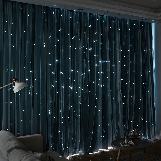 Kinryb Star Cutout Blackout 95 Inches Curtains Double Layer with Sheer Overly Curtains for Bedroom Thermal Insulated Window Treatment Set with 2 Free Tiebacks (52W x 95L 2 Panels Sky Blue)