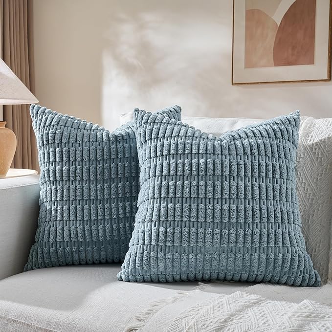 Fancy Homi 2 Packs Boho Light Blue Decorative Throw Pillow Covers 22x22 Inch for Couch Bed Sofa, Rustic Modern Farmhouse Home Decor, Soft Plush Corduroy Cute Square Cushion Case 55x55 cm