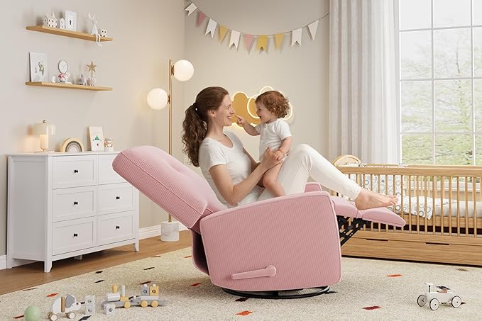 GarveeHome Recliner Chairs, Swivel Rocker Recliner, Glider Recliner Nursery Chair for Adults, 360° Swivel Glider Rocking Chair for Living Room, Bedroom, Office, RV, Small Spaces, Corduroy, Pink