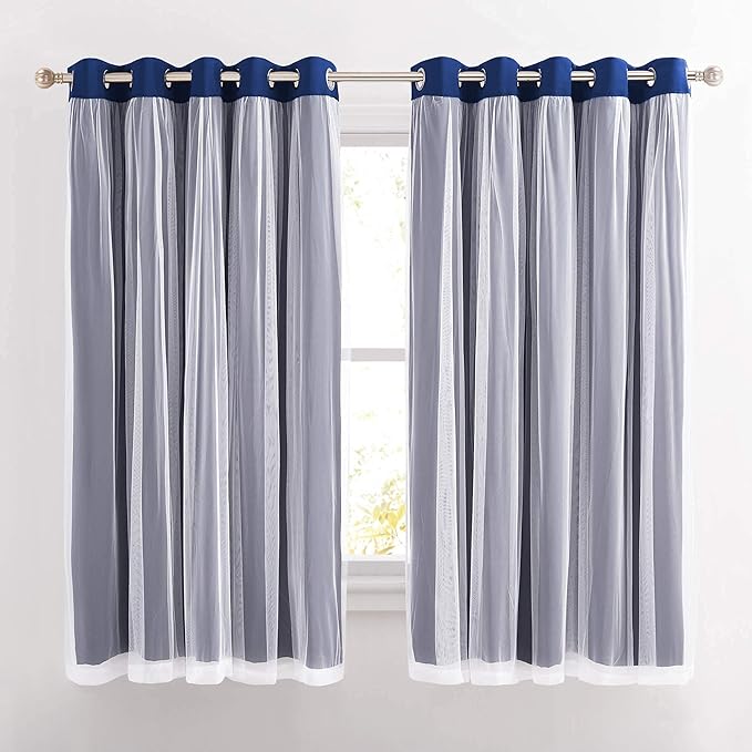 PONY DANCE Navy Blue Double Layer Blackout Curtains Room Divider Darkening Grommet Curtain with Sheer Overlay for Glass Door/Living Room/Nursery/Girls Kids Bedroom (Set of 2,70x63 inch with Tiebacks)