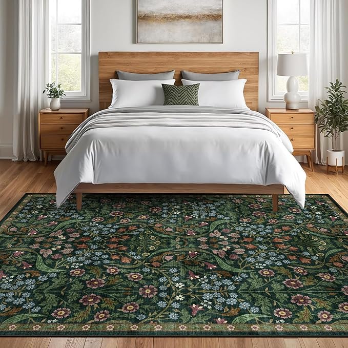 6x9 Washable Area Rug for Living Room, Floral Non-Slip Non-Shedding & Easy Care, Soft Low Pile Botanical Indoor Floor Carpet for Living Room, Bedroom, Farmhouse, Dining Room, Kids Playroom, Green